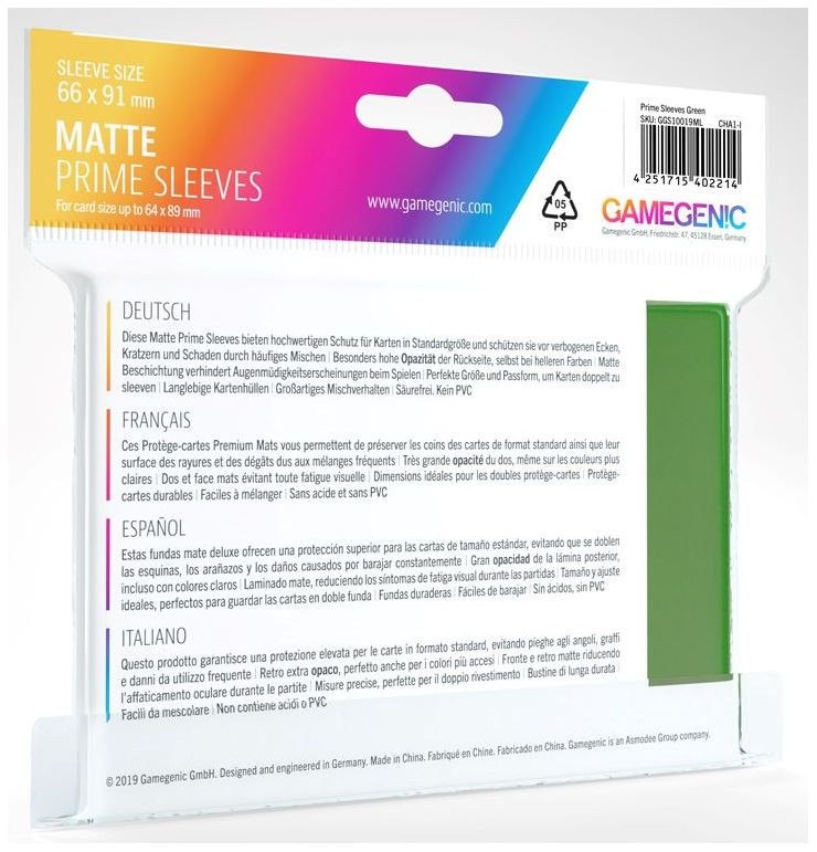 Gamegenic : Matte Prime Card Sleeves - Green (66mm x 91mm) (100 Sleeves Per Pack)